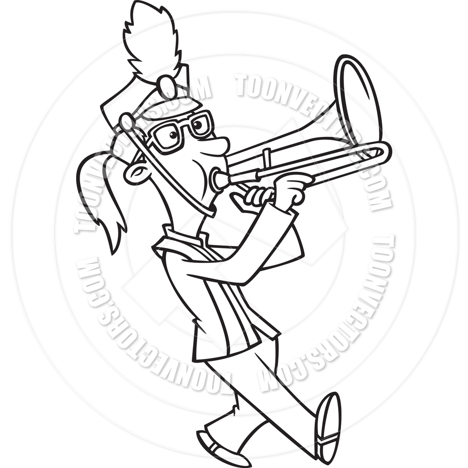 Cartoon Marching Band Trombone Player  Black And White Line Art  By