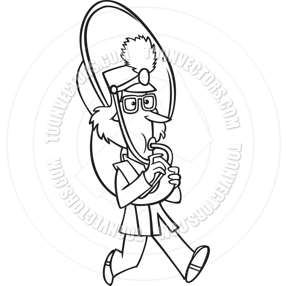 Cartoon Marching Band Tuba Player  Black And White Line Art  By Ron