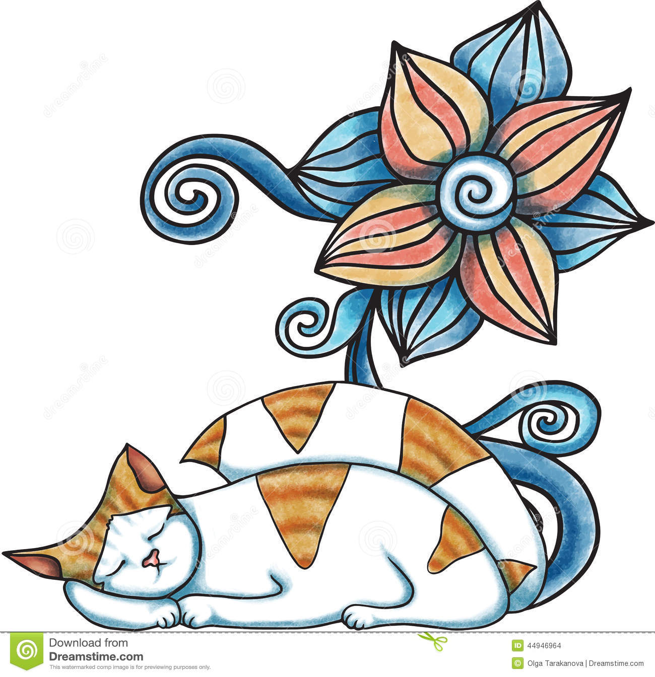 Cartoon Vector Illustration Of Sleping Cat And Decorative Flower