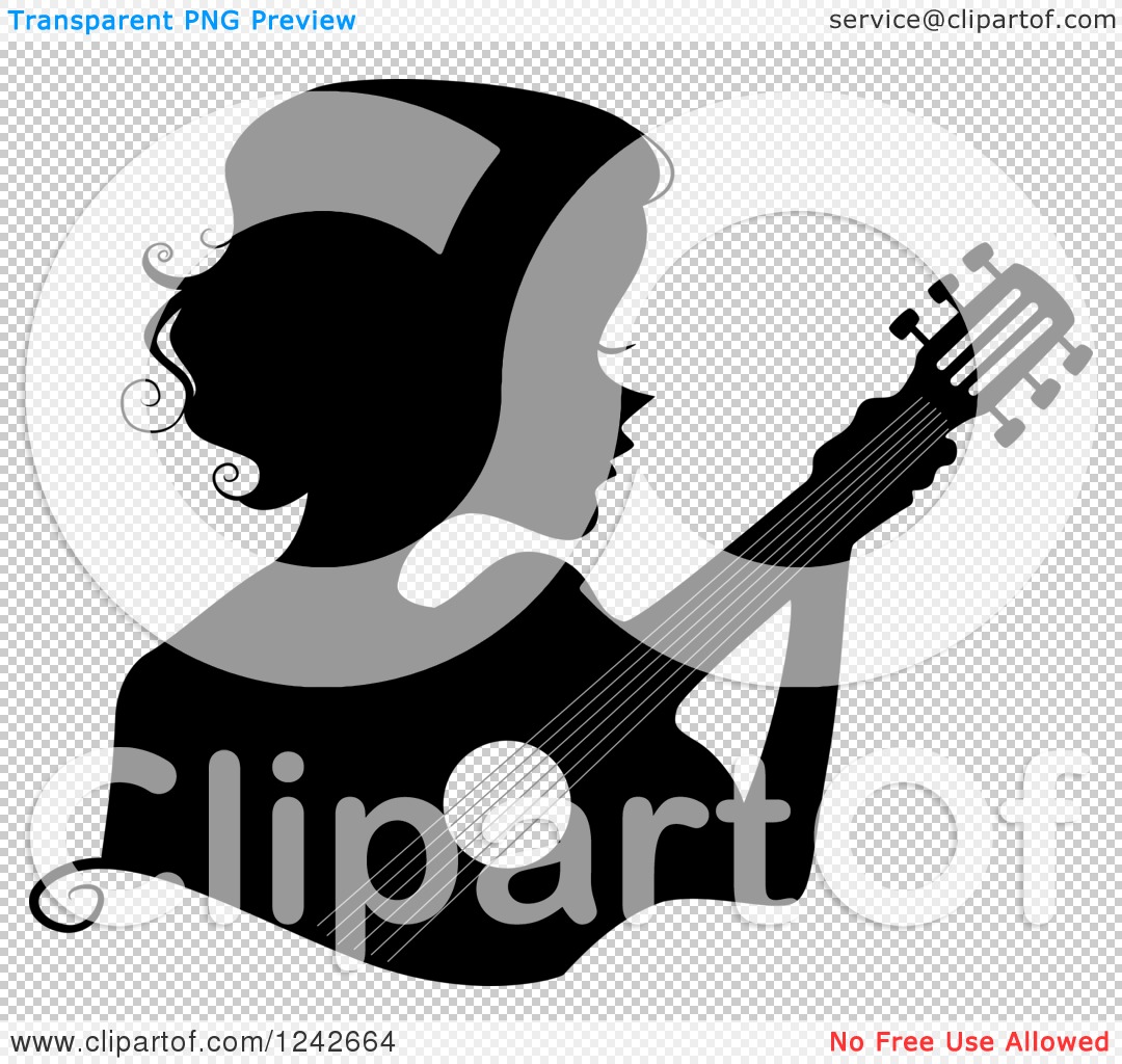 Clipart Of A Black Silhouetted Woman Playing A Guitar   Royalty Free    