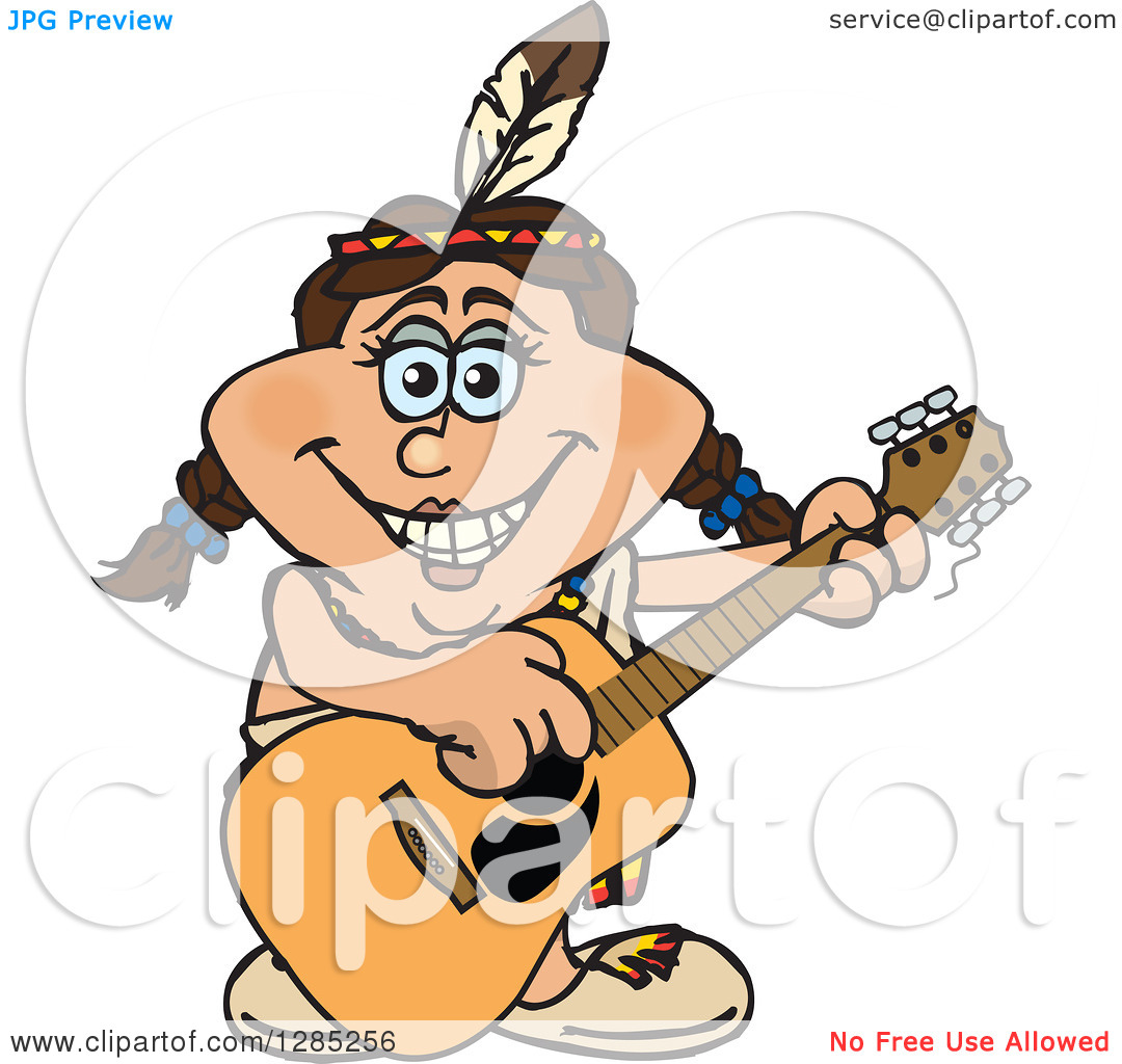 Clipart Of A Cartoon Happy Native American Woman Playing An Acoustic    