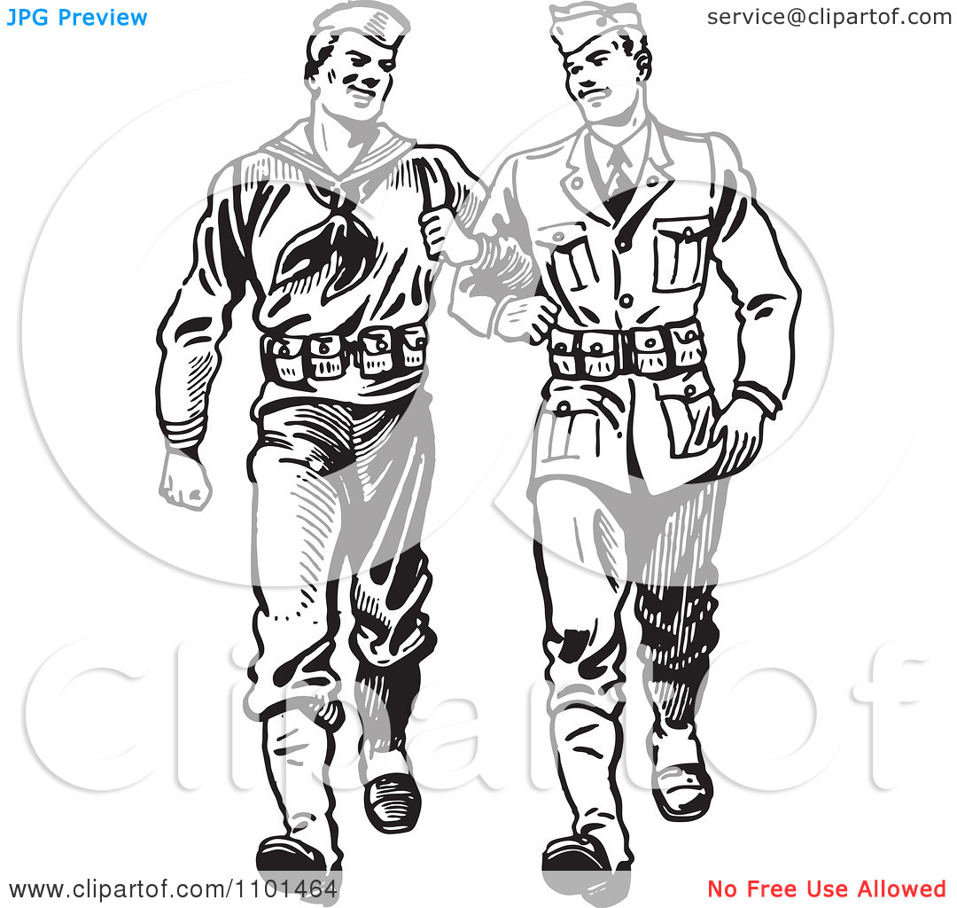 Clipart Retro Black And White Soldiers Walking Arm In Arm   Royalty