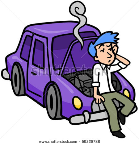 Frustrated Man Leaning Against His Broken Down Car  Stock Vector