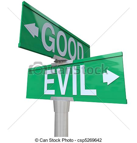 Green Two Way Street Sign Pointing To Good Or Evil Symbolizing The    