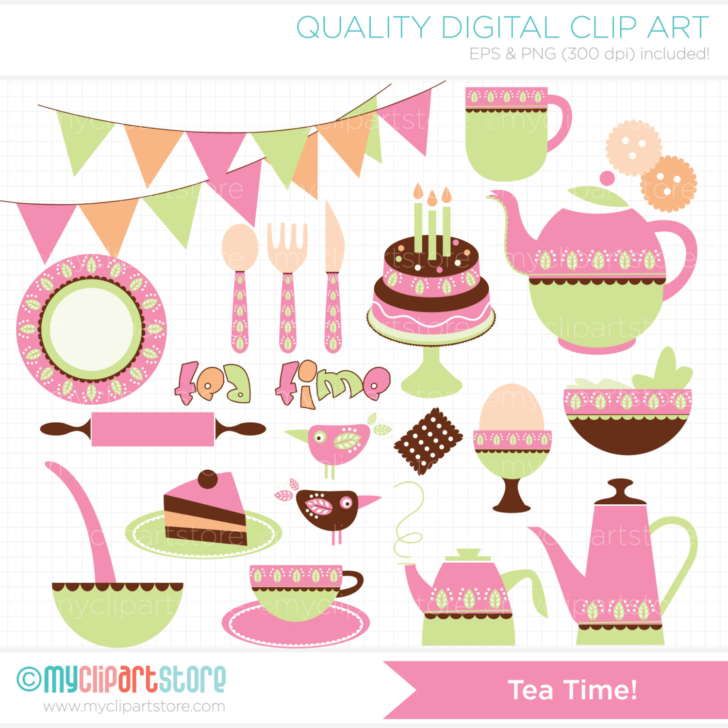 Items Similar To Tea Time   Tea Set Clip Art   Digital Clipart    