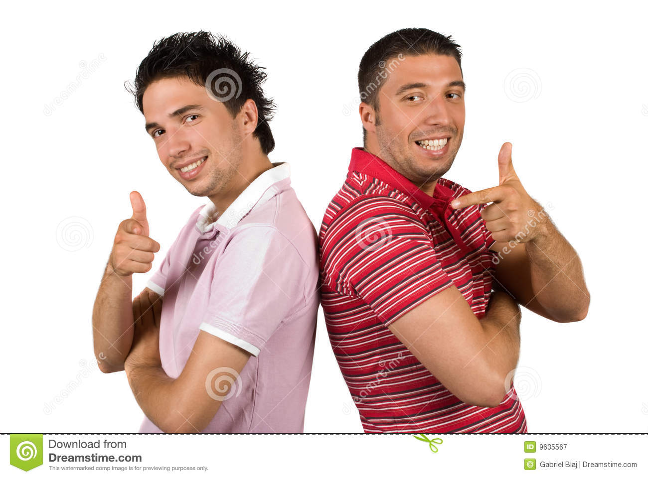 Two Cool Guys Pointing And Give Thumbs Up Same Time And Standing Back