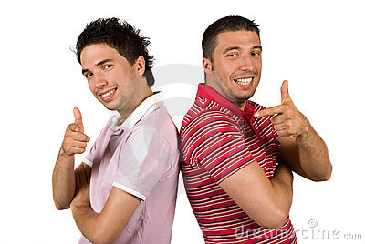 Two Cool Guys Pointing And Give Thumbs Up Same Time And Standing Back