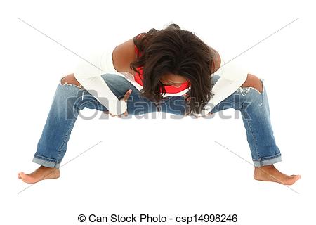     Woman In Torn Jeans Dancing Hip Hop Barefoot On White      Csp14998246