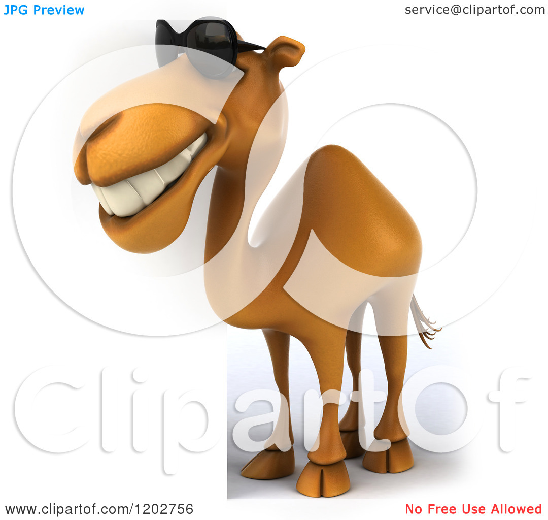 Clipart Of A 3d Camel Wearing Sunglasses And Smiling By A Sign