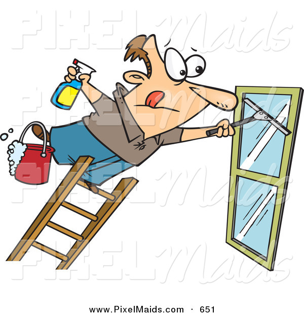 Clipart Of A Window Cleaner Leaning Unsafely Far Over A Ladder By Ron    