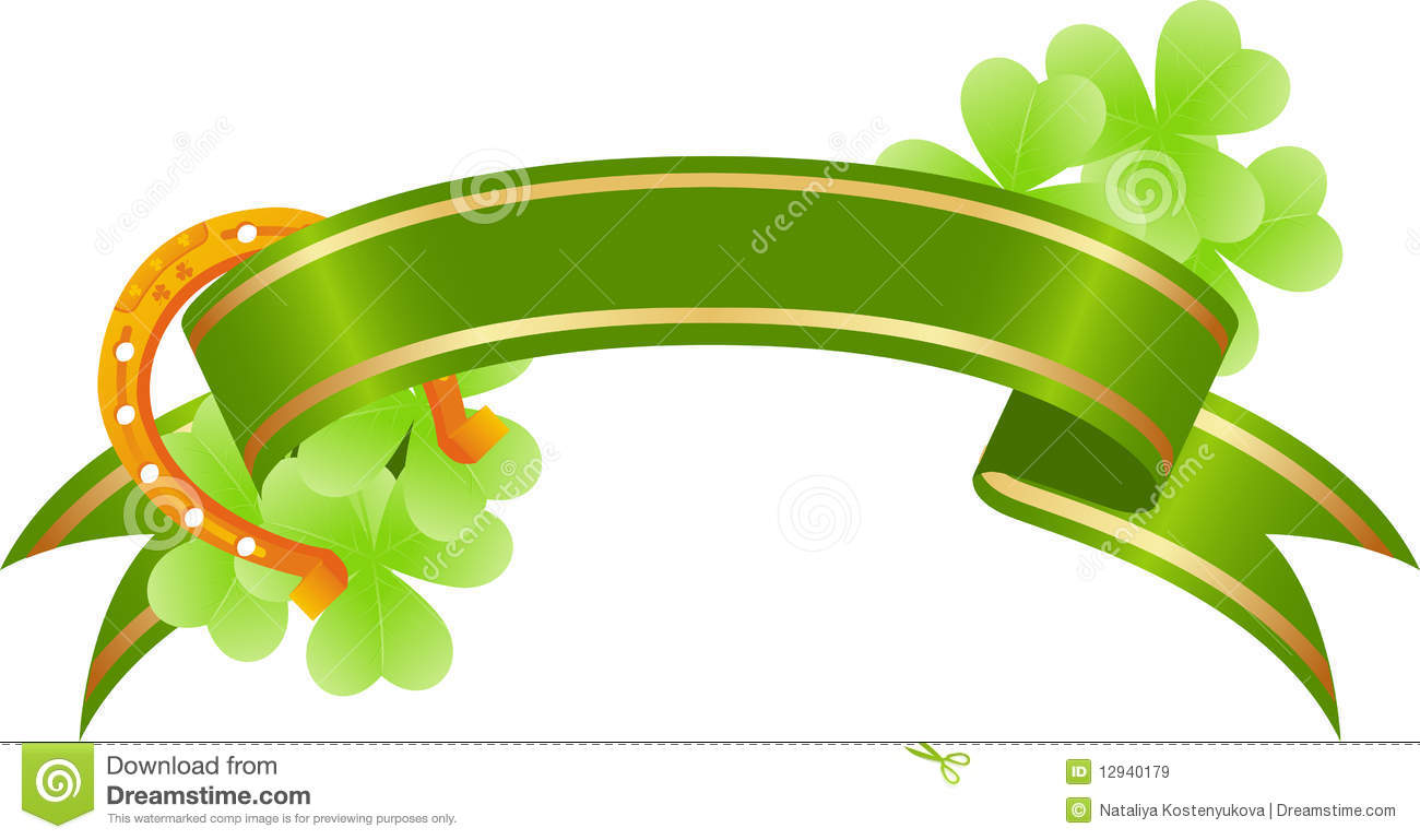 Green Placard With Tree Leaf Clovers And Golden Lucky Horseshoe 