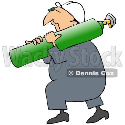 Rf  Clipart Illustration Of A Male Worker Carrying A Green Oxygen Tank