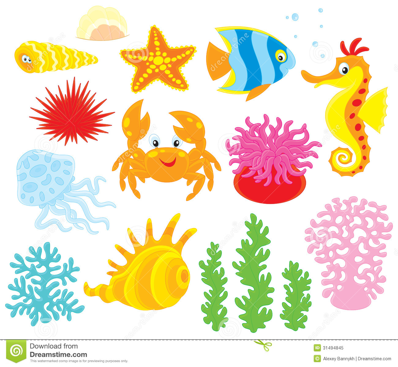 Set Of Cartoony Sea Animals Corals And Algae Vector Clip Arts On A