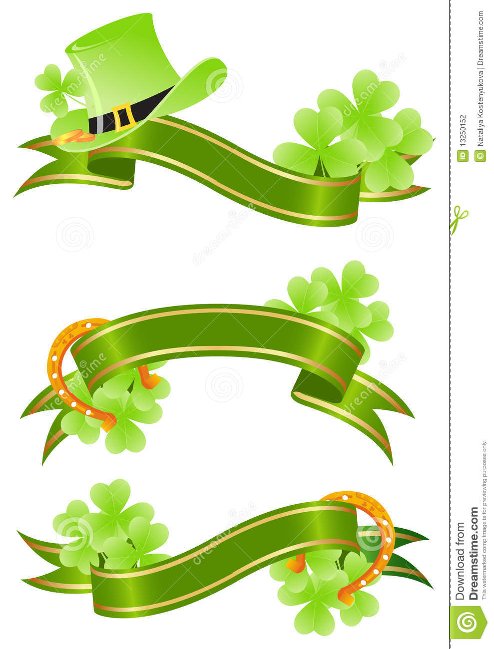 Three Green Placards With Tree Leaf Clovers And Golden Lucky Horseshoe