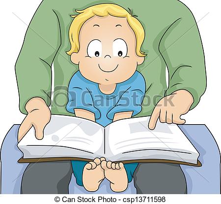 Toddler Boy Reading A Book With His Father   Csp13711598