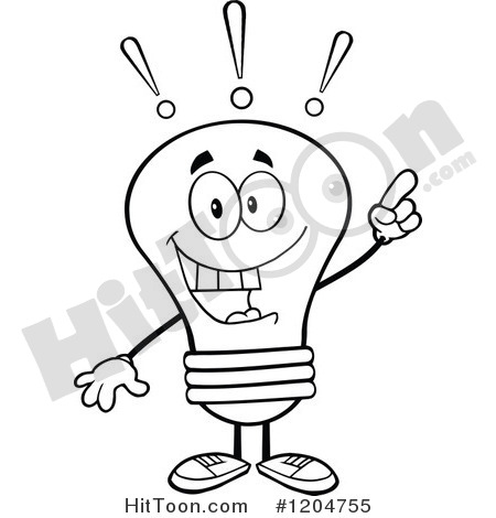 1204755 Cartoon Of A Smart Black And White Light Bulb Mascot With An    