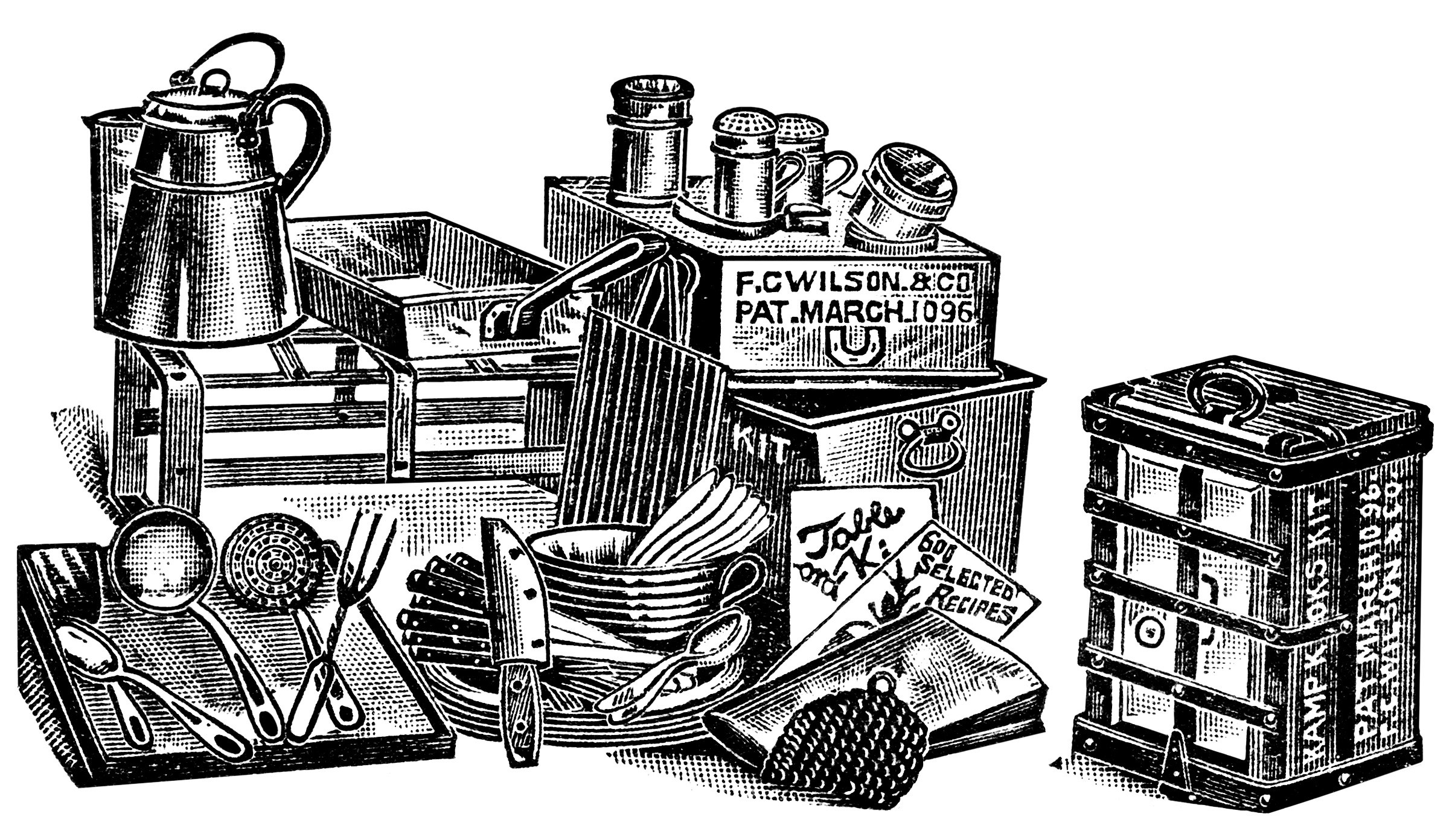 Black And White Clip Art Version Of The Camp Cooking Supplies From