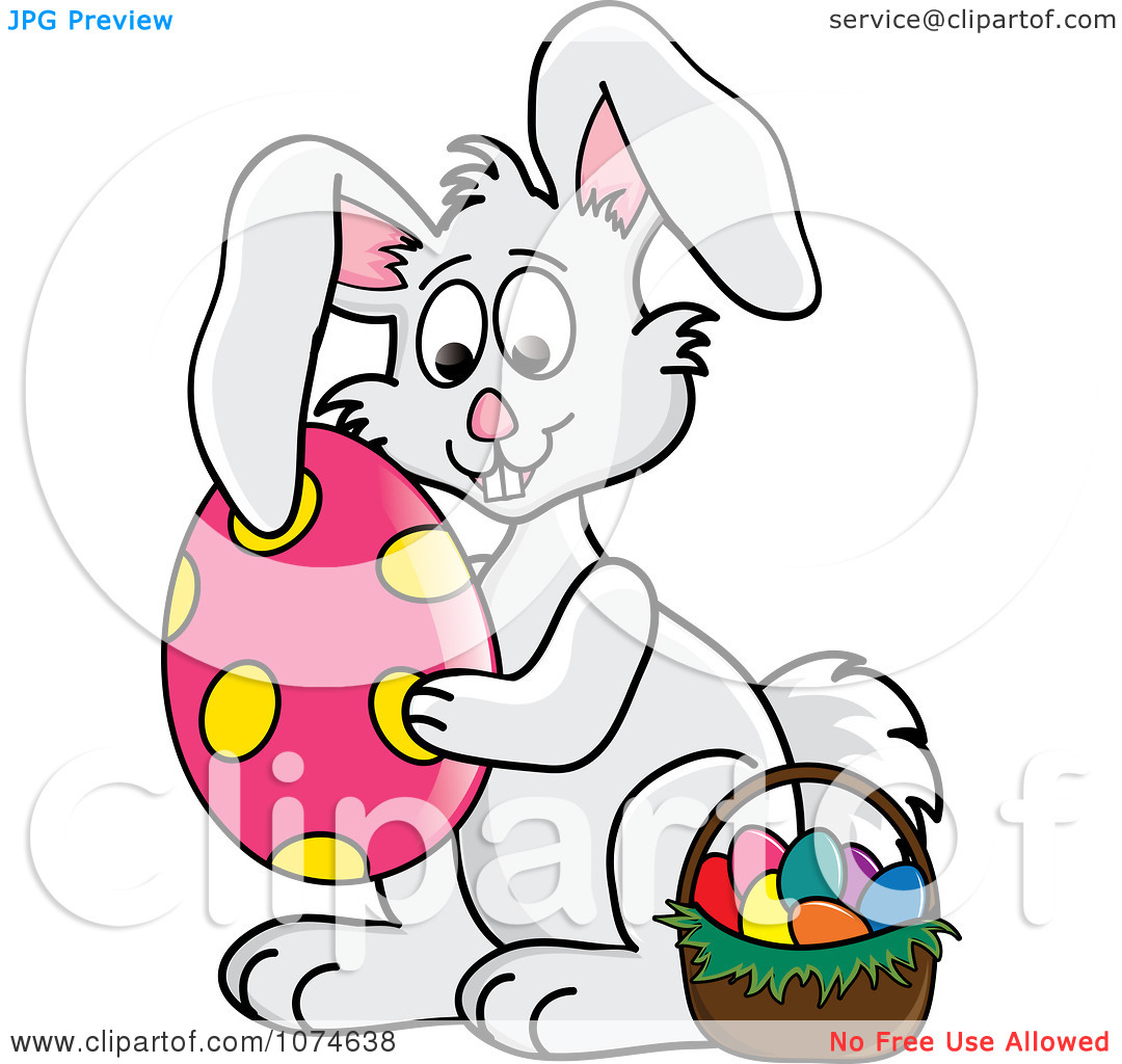  Bunny Clip Art Clipart Gray Easter Bunny Hugging An Egg By A Basket    