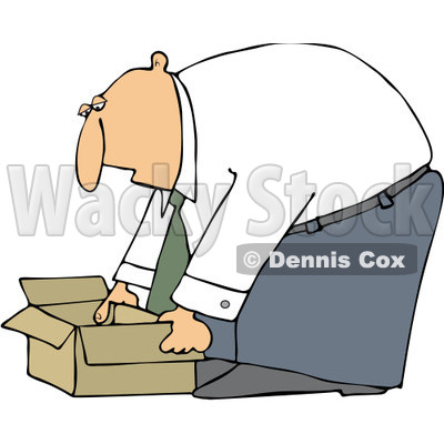 Clipart Business Man Bending Over To Pick Up An Open Box   Royalty