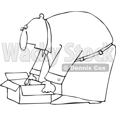 Clipart Outlined Businessman Bending Over To Pick Up An Open Box