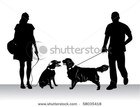 People Walking Dogs   Man And Woman At Dog Park   Vector Clip Art    