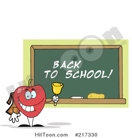 Red School Apple Ringing A Bell By A Back To School Chalk Board
