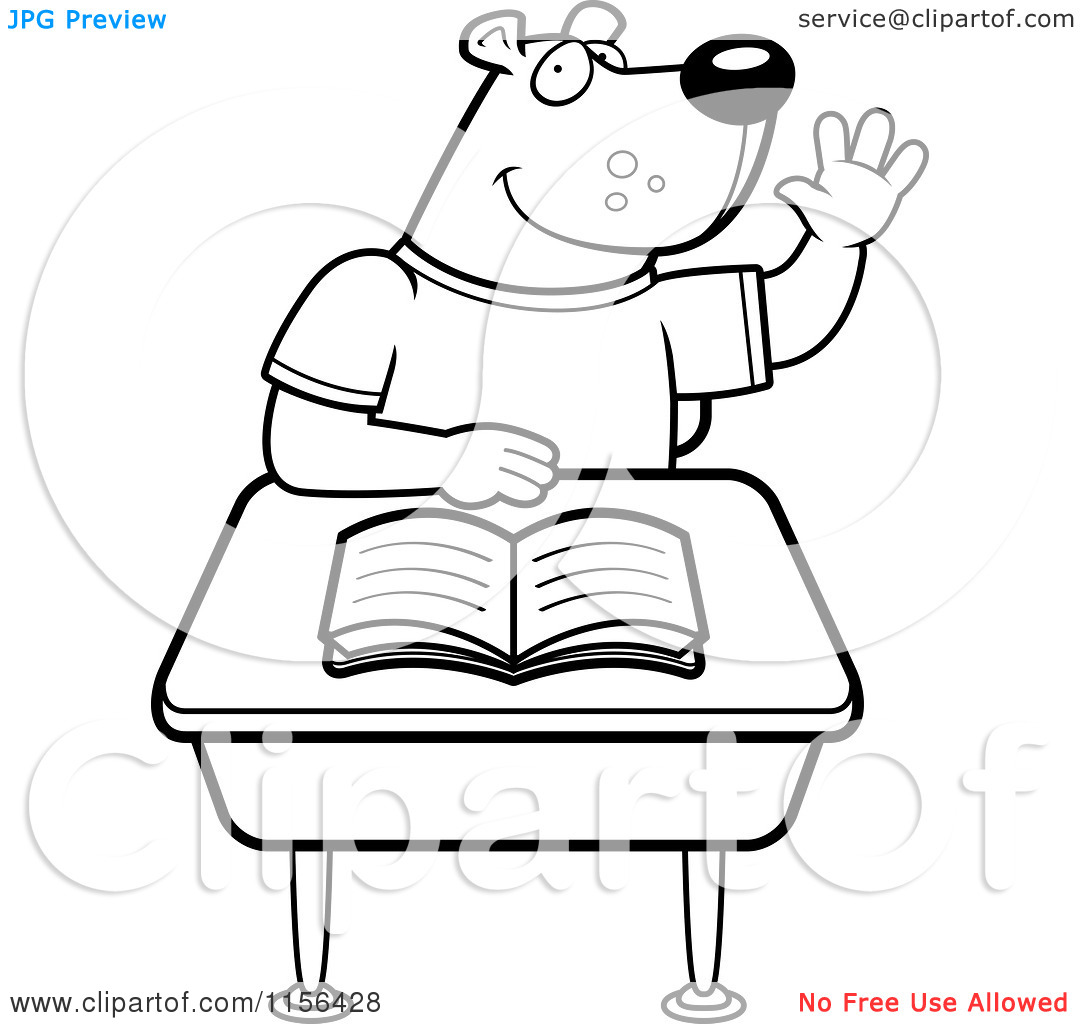 Cartoon Clipart Of A Black And White Student Bear Raising His Hand In    
