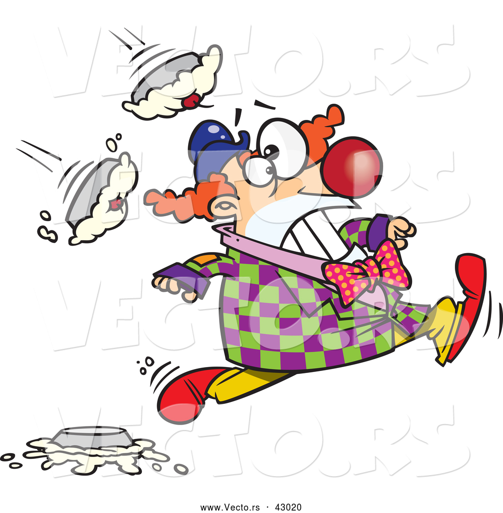     Cartoon Clown Running From Pies Being Thrown At Him By Ron Leishman