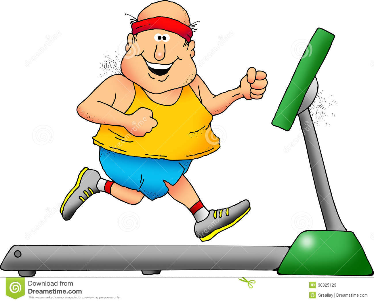 Cartoon Of A Smiling Chubby Man On A Treadmill