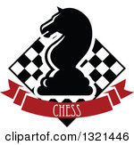 Chess Knight Horse Head Piece Over A Checker Board And Red Text Banner