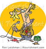 Clipart Of A Middle Aged Stand Up Comedian Man With Food Being Thrown