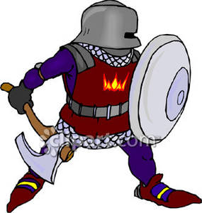 Knight Holding A Shield And Battle Axe   Royalty Free Clipart Picture