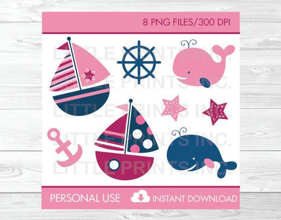 Pink Sailboat Whale Clipart Girl Whale Clip Art Personal Use Instant    