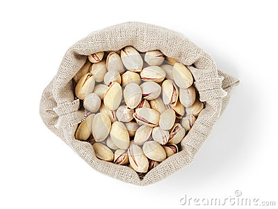 Roasted Salty Pistachios Nuts In Sack Bag From Above Isolated On    