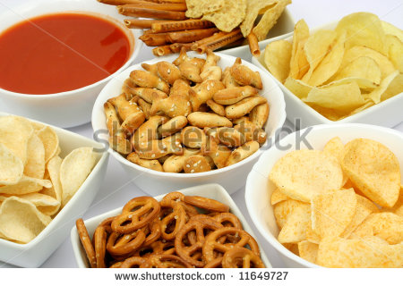 Salty Snacks And Salsa Dip Sauce In White Bowls   Stock Photo