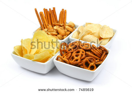 Salty Snacks In Square Bowls Isolated On White   Stock Photo