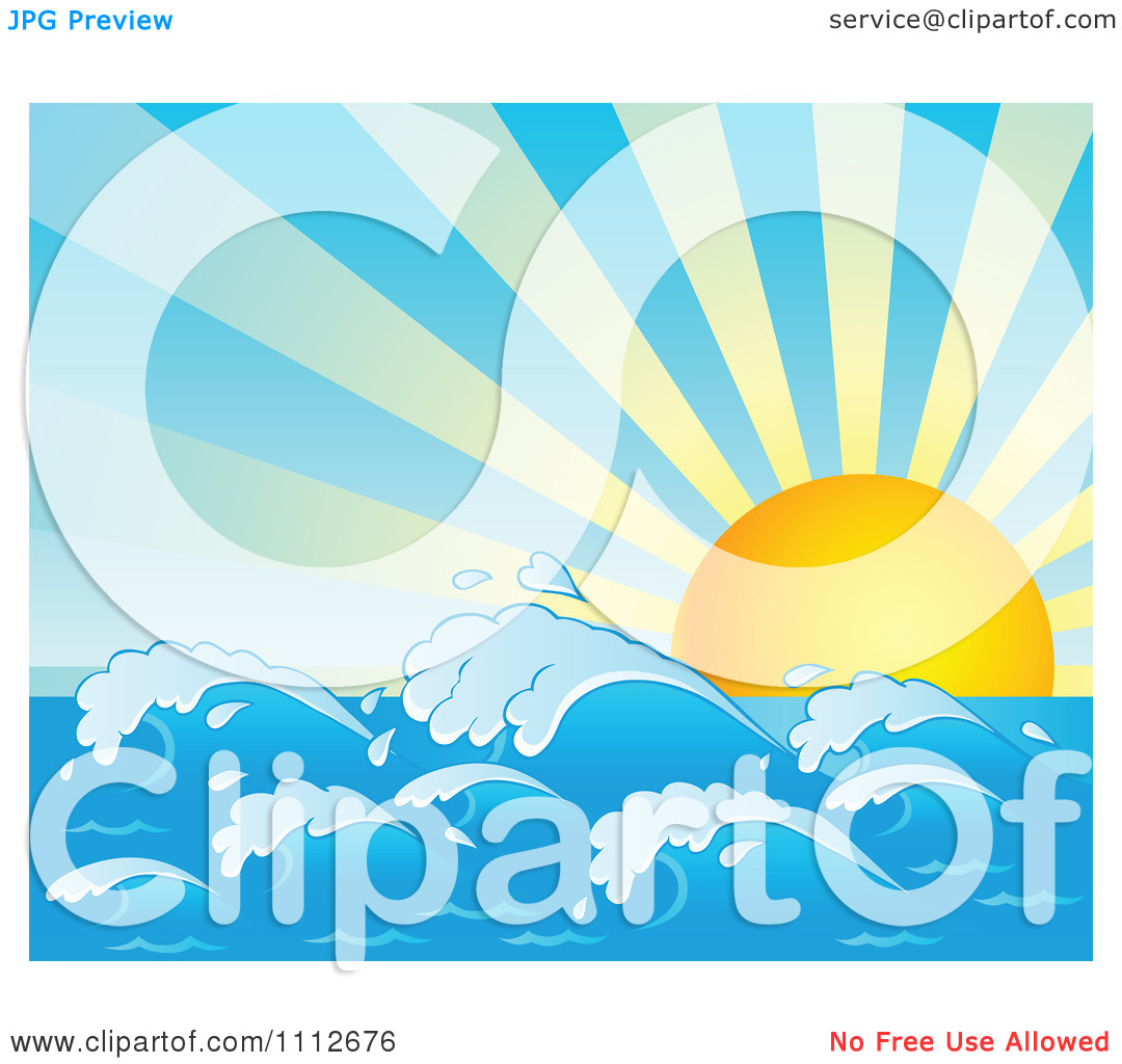 Clipart Sun Rising Over Ocean Waves   Royalty Free Vector Illustration