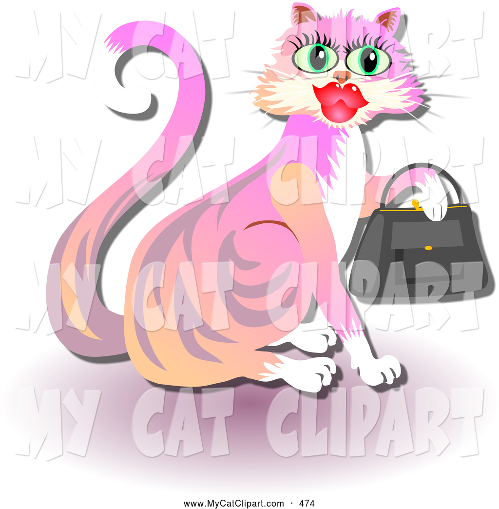 Cute And Feminine Pink And Orange Kitty Cat Holding A Purse By Prawny