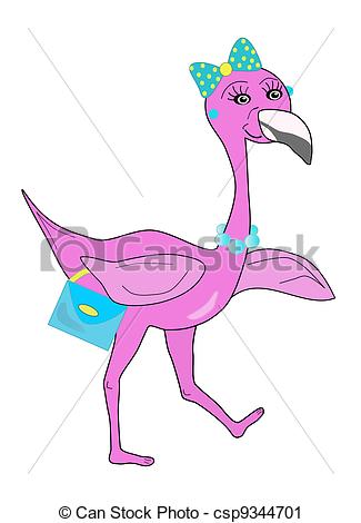Girl Pink Flamingo With A Hair Bow And Purse On A White Background