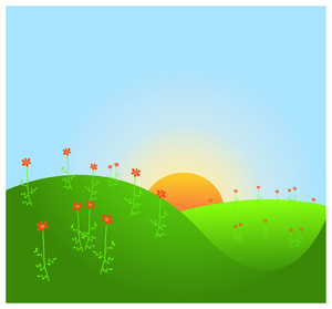 Red Flower Clipart Image   The Sun Rising Over A Grassy Hill With Red