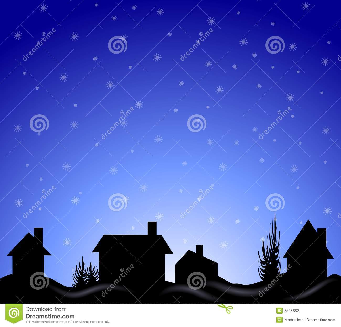 Clip Art Illustration Of A Winter Night Scene With Houses And Trees