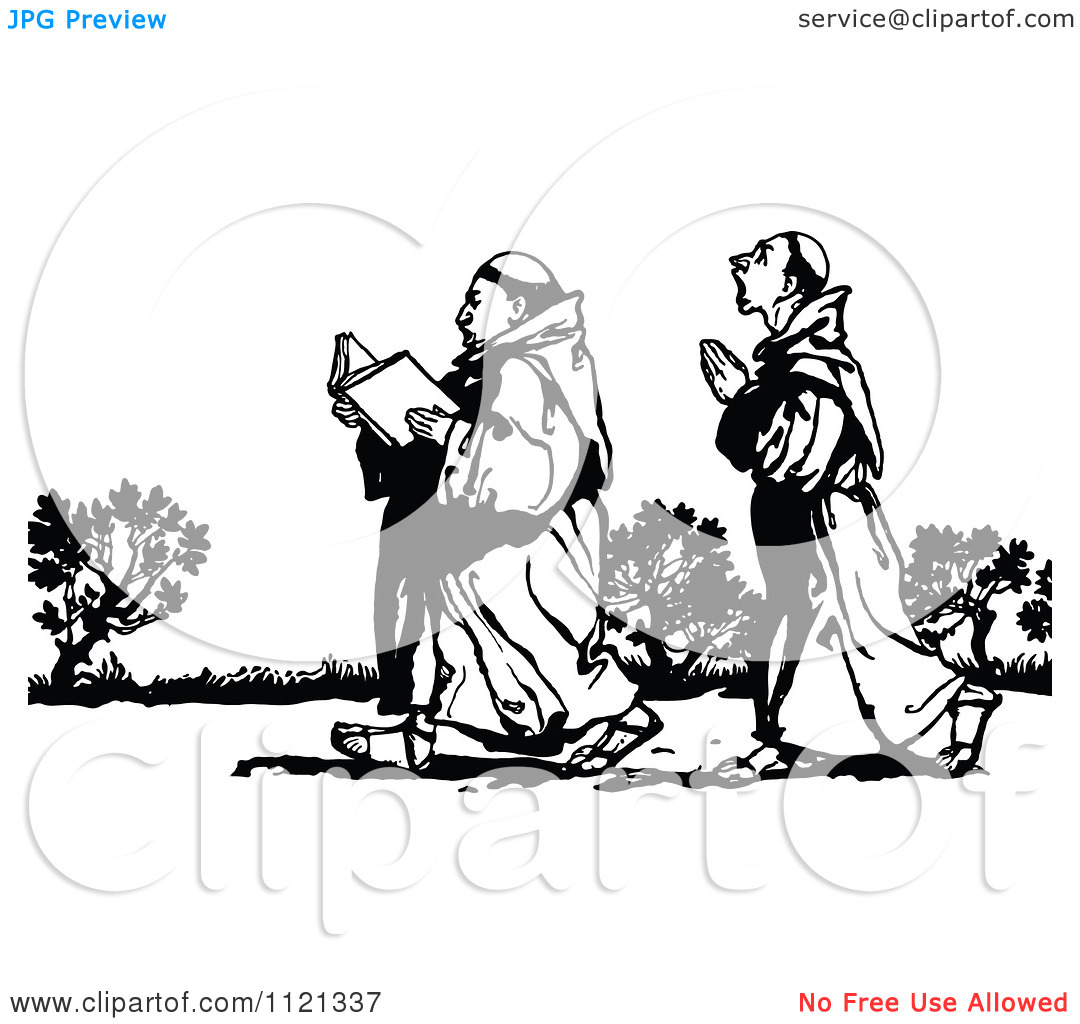 Clipart Of Retro Vintage Black And White Praying Monks   Royalty Free