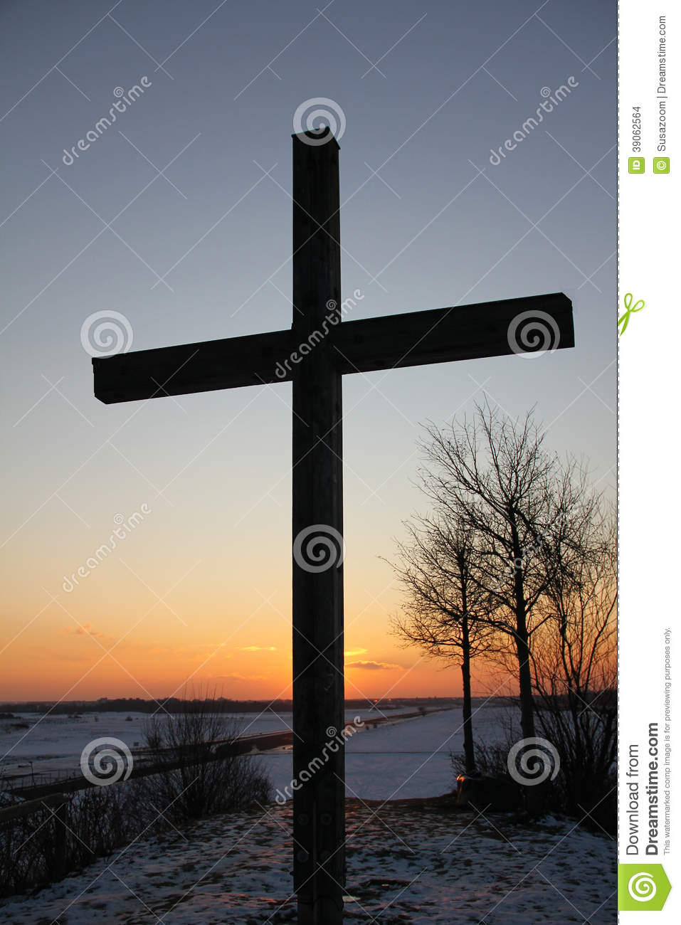 Cross Silhouette At Sundown In Winter Stock Photo   Image  39062564