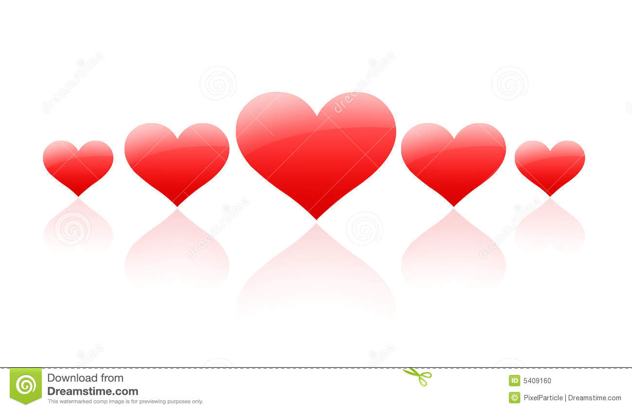 Five Red Hearts All In A Row On A White Background