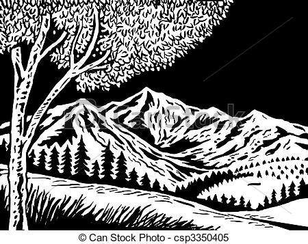 Of A Mountain Scene With Tree In Foreground Doen In Black And White