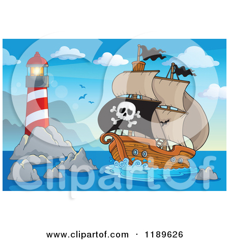 Pirate Ship Near An Island Lighthouse   Royalty Free Vector Clipart By
