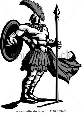 Strong Greek Spartan Or Trojan Soldier Holding A Spear And Sword Stock