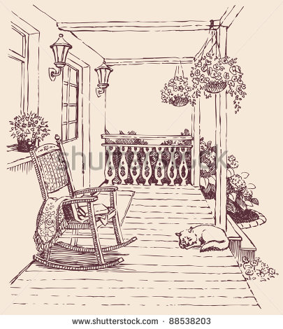 Vector Design  Ink Drawing Comfortable Rocking Chairs On The Veranda    