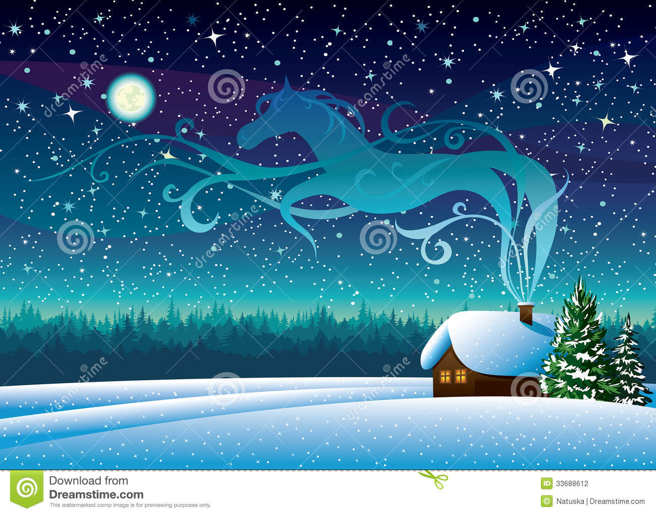 Winter Landscape With Snow Hut And Magic Horse Silhouette On A Starry