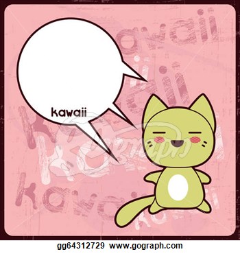 Clip Art Kawaii Card With Cute Cat On The Grunge Background Stock